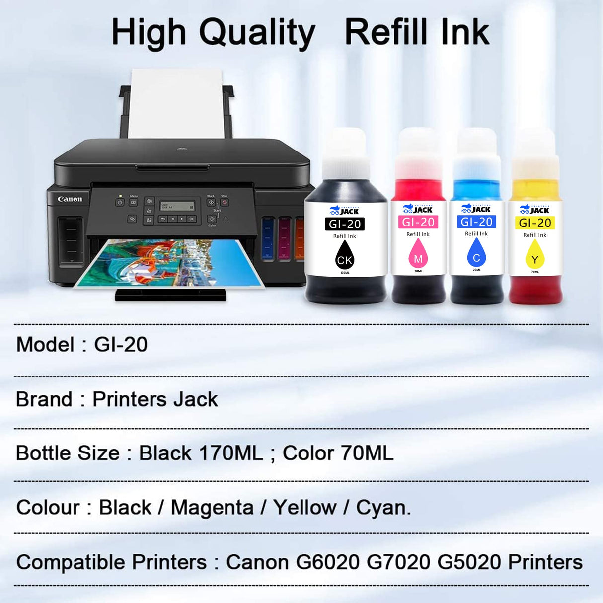 Printers Jack Compatible Canon GI-20 GI20 Refill Ink Bottles Kit for Canon PIXMA G5020 G6020 G7020 MegaTank Printers Printers Jack