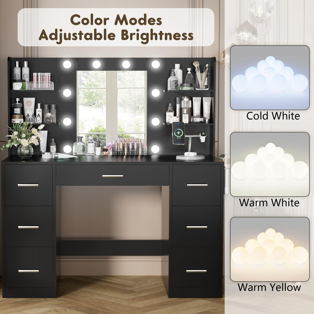 YESHOMY Vanity Desk with Mirror, Power Outlet and 10 Lights, Makeup Table with 7 Drawers, 3 Color Modes Available for Bedroom, Dark Black YESHOMY
