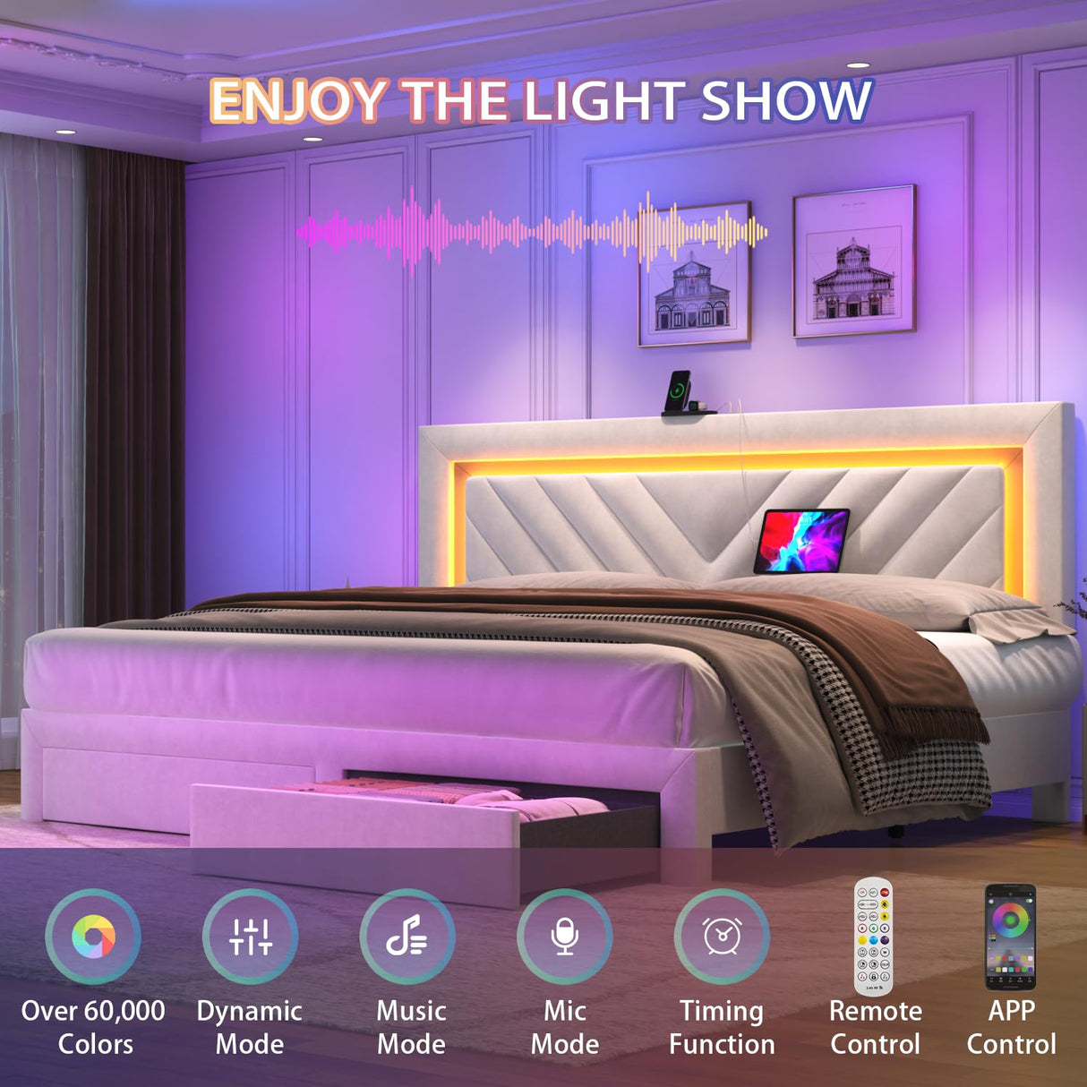 Incyneva Upholstered King Bed Frame with LED Headboard and Storage Drawer, Velvet Platform Bed Frame King Size with Charging Station, Adjustable Headboard, No Box Spring Needed, Off White Incyneva