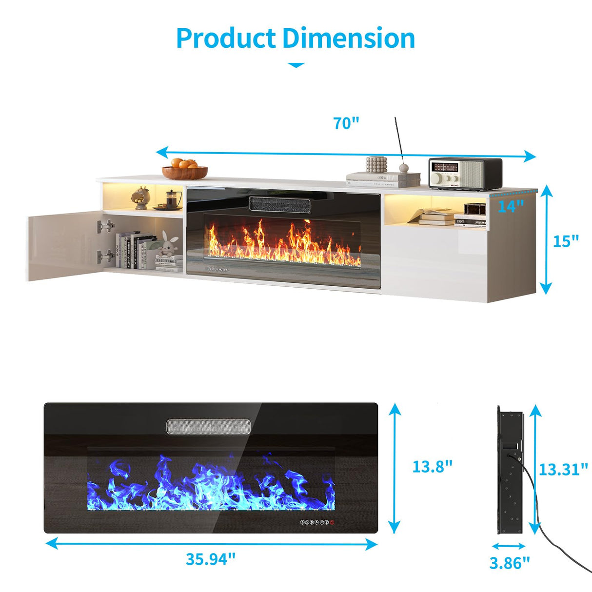TABU 70" Floating TV Stand with 36" Electric Fireplace Heater, Modern Entertainment Center with High Gloss Finish & LED Ambient Light, for TVs Up to 80", Wall Mounted, White TABU