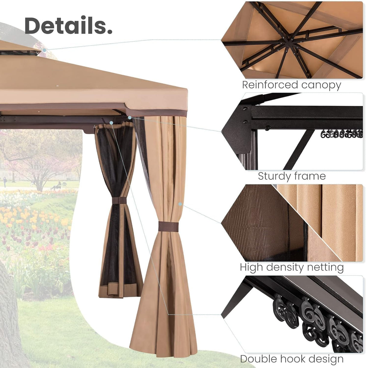 Oakmont 10' x 10' All-Season Permanent Soft-Top Patio Gazebo, Outdoor Gazebo Canopy with Net Drapery Mosquito Netting and Shade Curtains (Brown) Oakmont