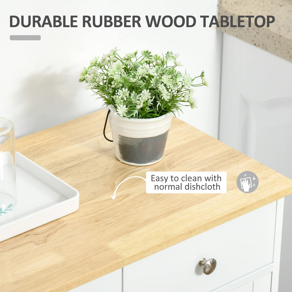 HOMCOM Sideboard with Solid Wood Countertop, Modern Kitchen Storage Cabinet, Coffee Bar Cabinet with 2 Drawers, Doors and Adjustable Shelf, White HOMCOM