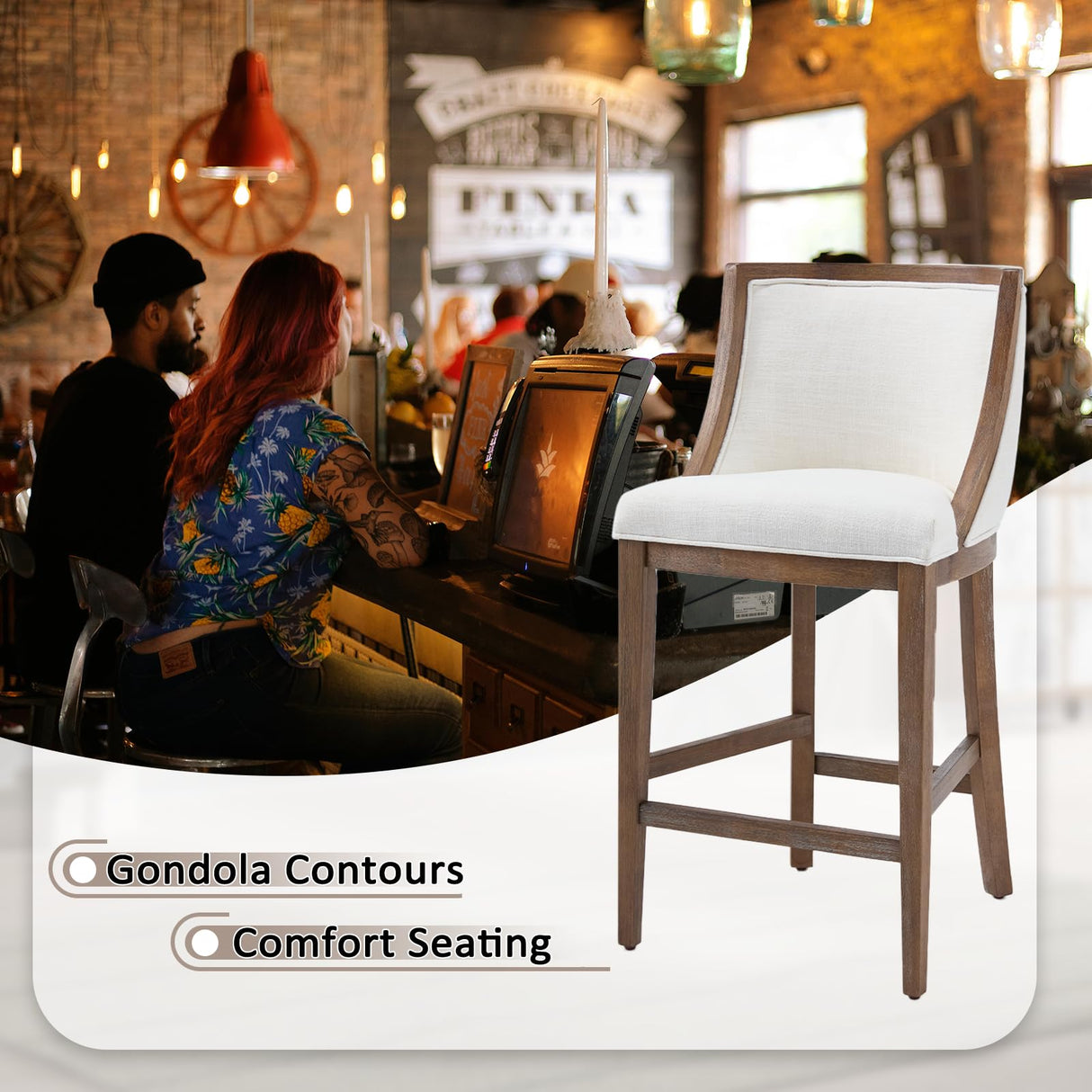 Kmax 26” Counter Height Bar Stool Set of 2, Farmhouse Upholstered Fabric Barstools with Curved Back and Solid Wood Legs, 20.5” W Bar Chair Counter Stool for Kitchen Island, Beige Kmax