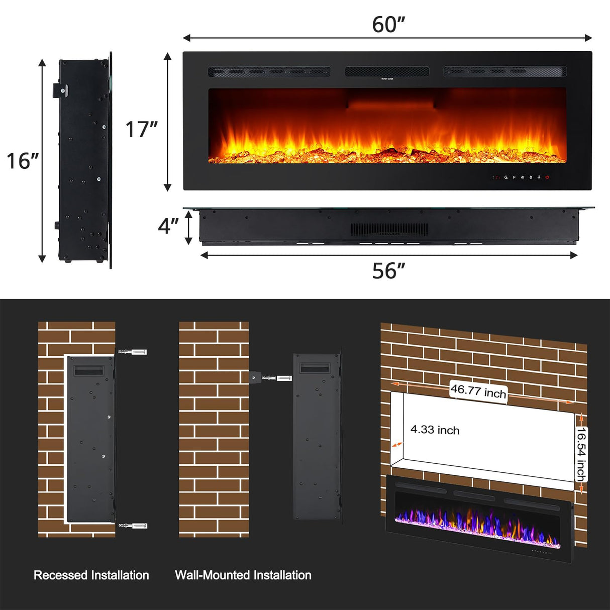 Takywep 60" Electric Fireplace Wall Mounted and Recessed with Remote Control, 750/1500W Ultra-Thin Wall Fireplace Heater W/Timer Adjustable Flame Color and Brightness, Log Set & Crystal Options Takywep