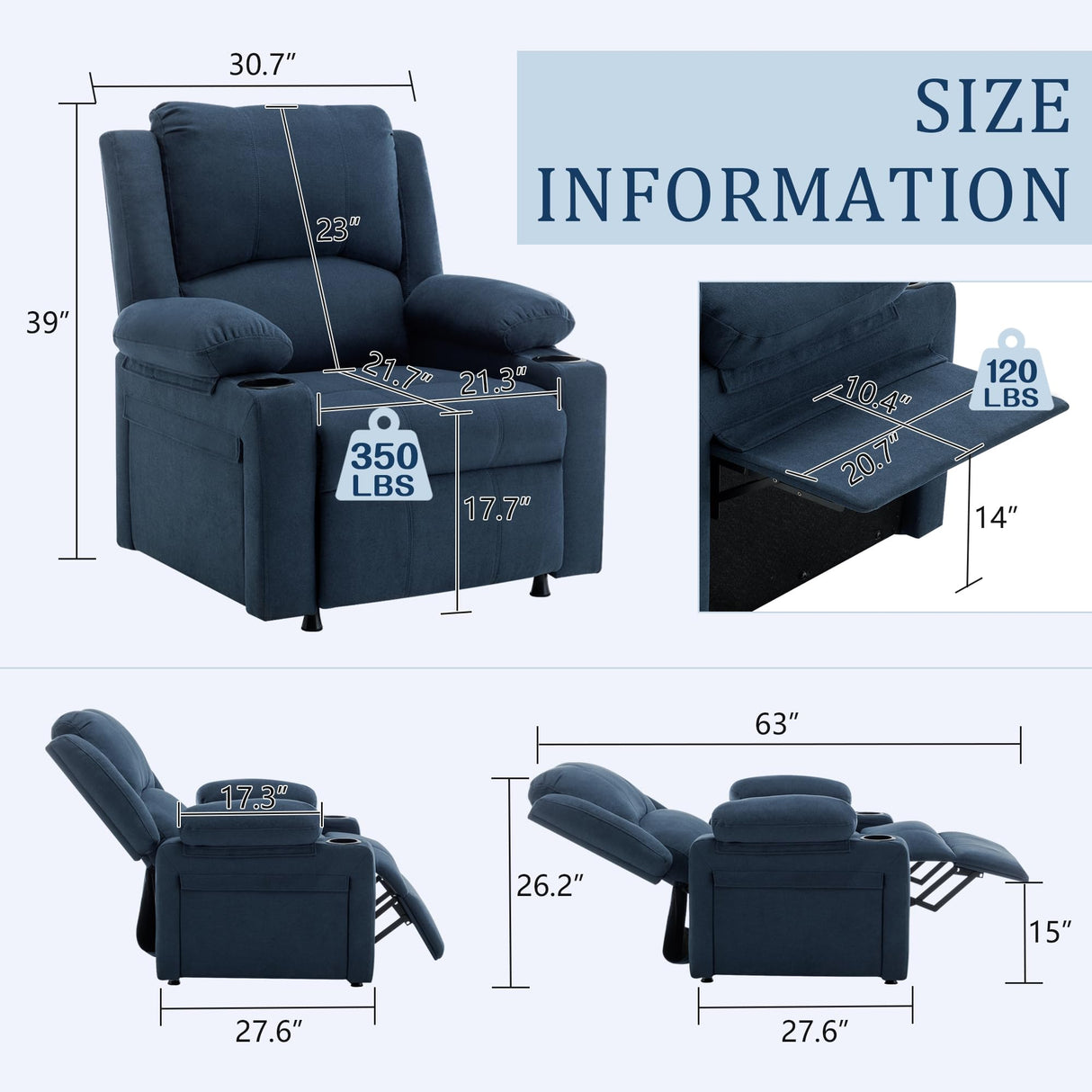 Power Recliner Chair Nursery Reclining Sofa Chair for Adults, Upholstered Heating Point Massage Theater Seating Single Sofa with Side Pockets Sidetable for Living Room-Blue Alunaune