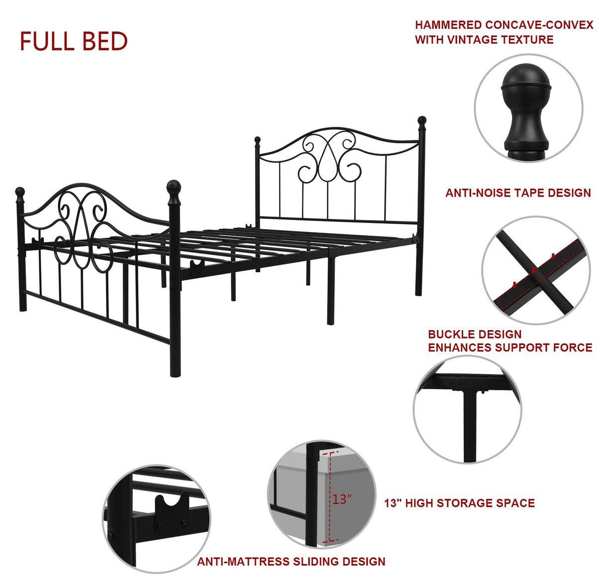 YERPERFO Metal Full Bed Frame with Headboard and Footboard Farmhouse Platform Bed Frame Full Size Under Bed Storage No Box Spring Needed and Easy Assembly (Full, Black) YERPERFO
