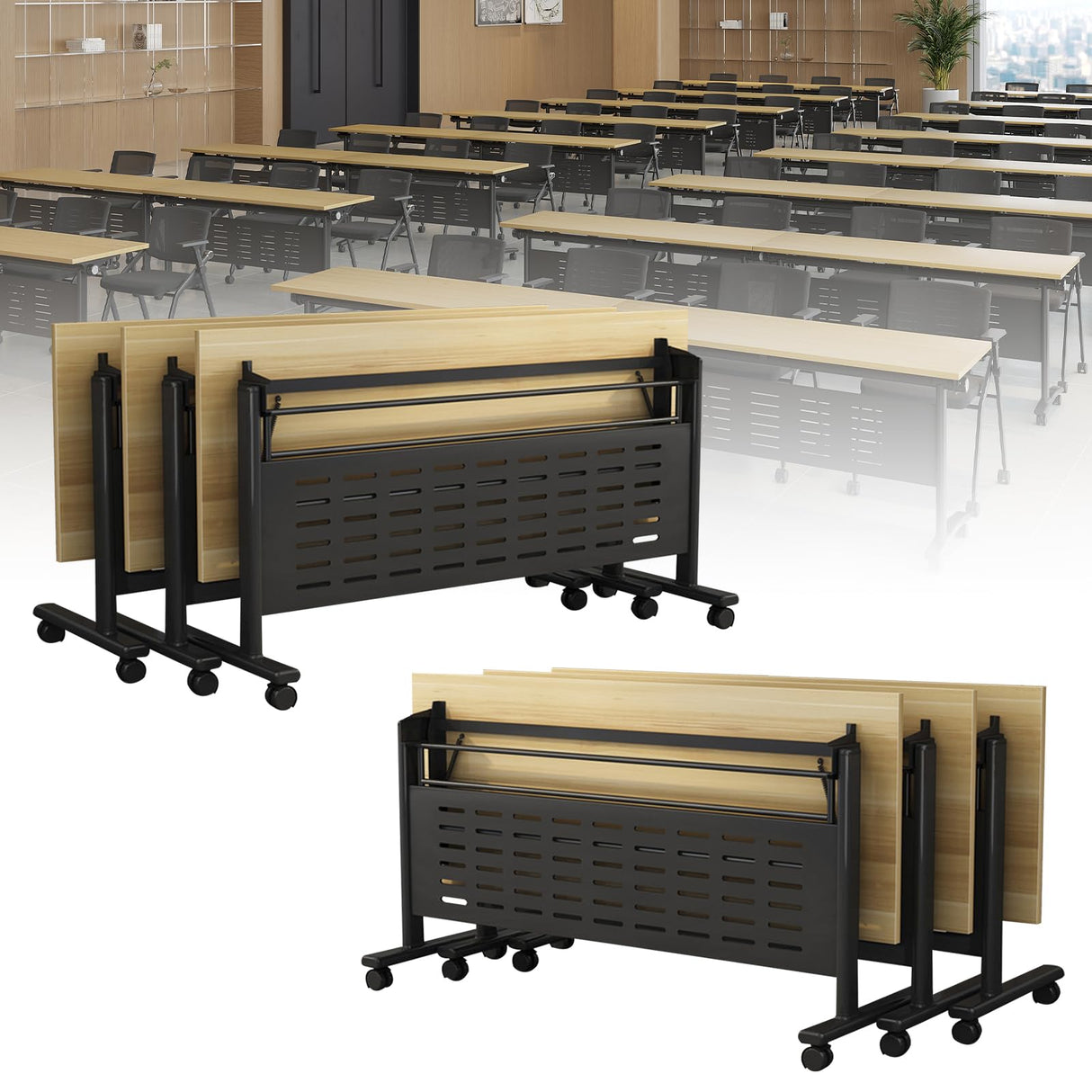 6-Pack Folding Conference Table for 12-16People,Modern Flip Top Training Room Tables with Wheels Save Space Rectangle Office Meeting Table Computer Desk forStudy Writing (6pcs 62.9 * 23.6 * 29.5in) GOYQGLE