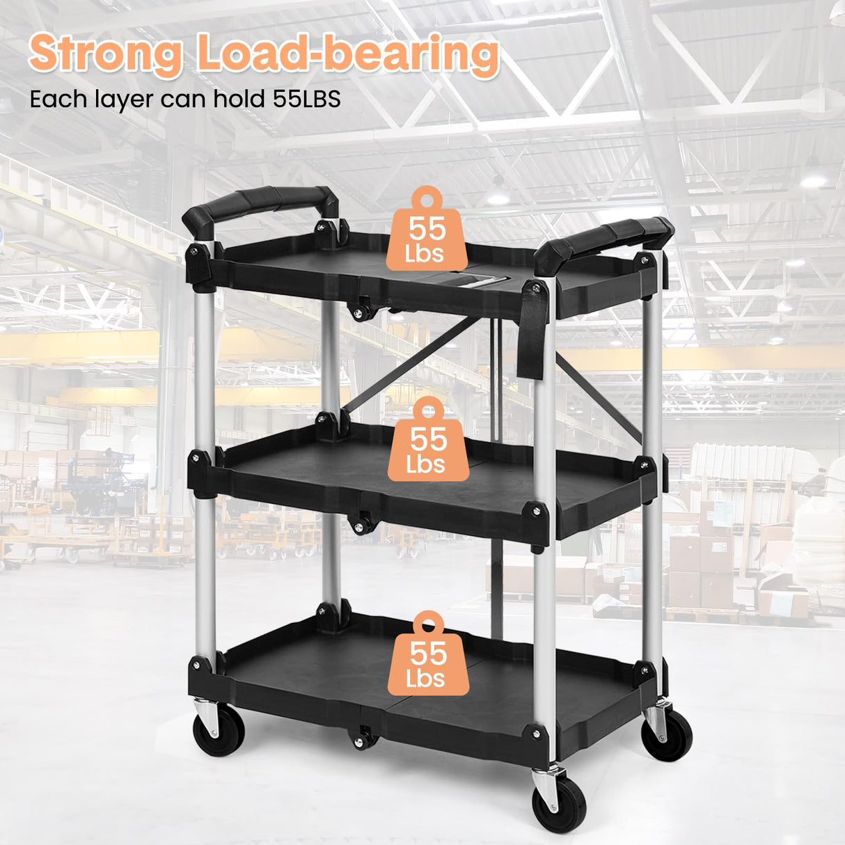 3 Tier Folding Rolling Utility Cart, Portable Collapsible Service Cart, 165 Lbs, Foldable Tool Cart with Dual Ergonomic Handles, Wheels for Warehouse, Home, Restaurant, Black EliteEdge