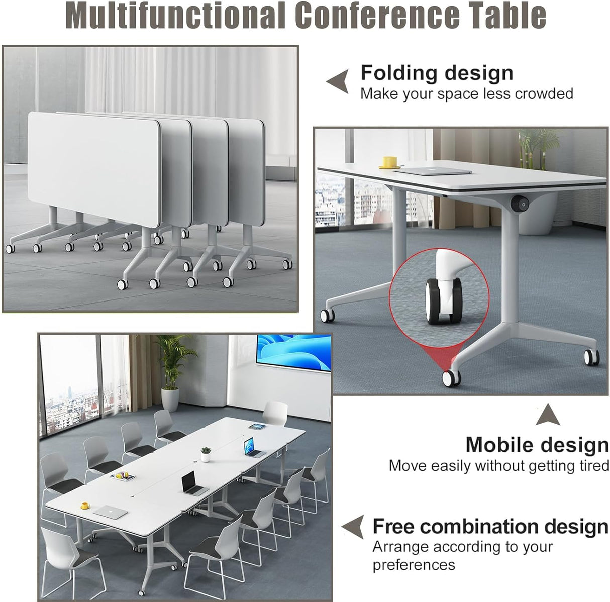 4 Pack Conference Table,Modern Folding Office Table Conference Room Tables with Lockable Wheels,Lockable Mobile Foldable Meeting Table Seminar Table for Home Office Media Centers Classroom(63in) ZanyCajole