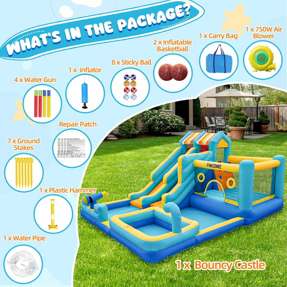 FINCOME Inflatable Bounce House, 10 in 1 Double Water Slide Bounce House with 750W Blower, Climbing Wall, Jumping, Water Gun, Splash Pool, Basketball Hoop for Kids Indoor Outdoor Backyard FINCOME