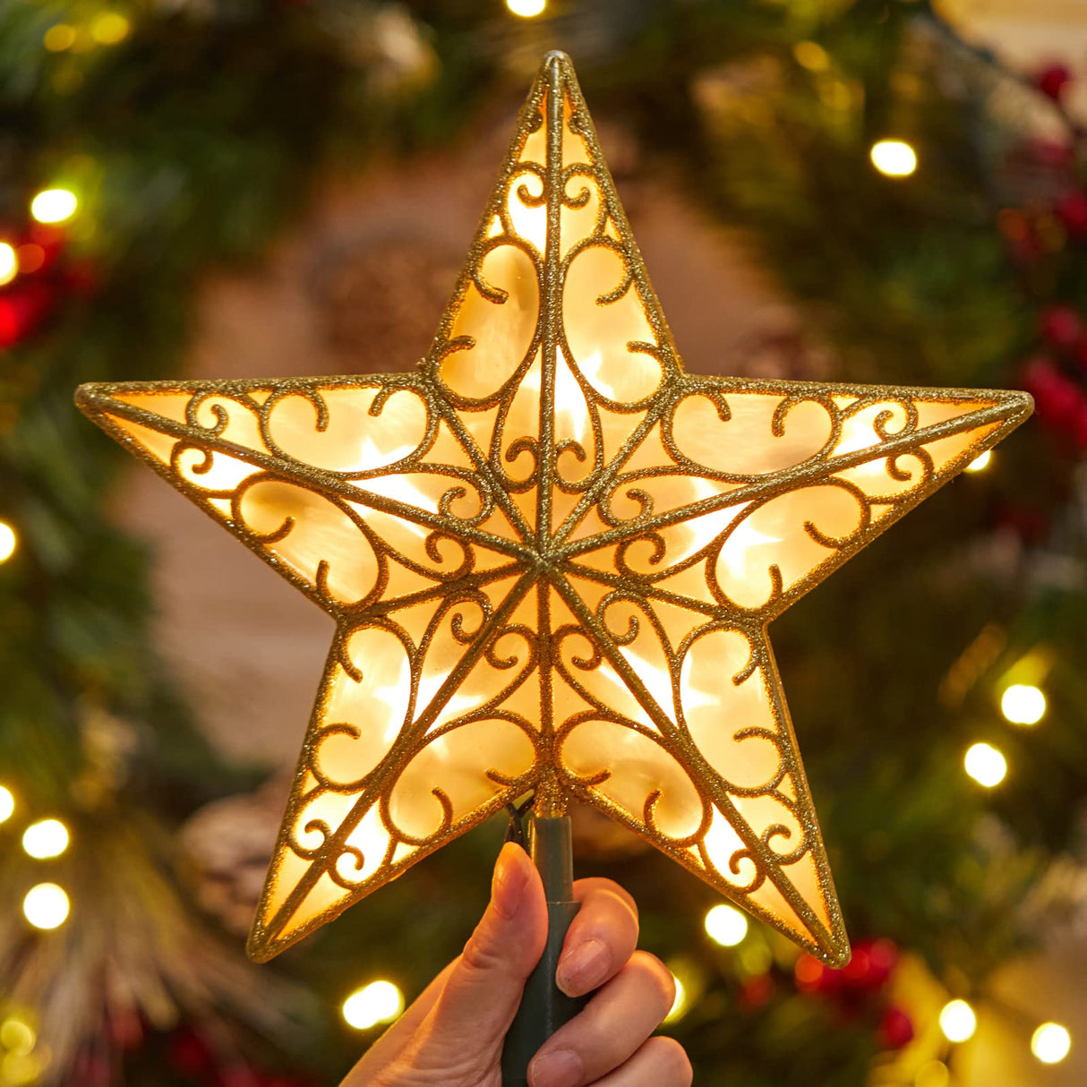 Christmas Star Tree Topper, 9.5 in Plug in Golden Glittered 3D Star Tree Topper, Metal Hollow Designed Built-in 10 Bulbs String Lights for Indoor Office Christmas New Year Holiday Tree Decoration Brightown