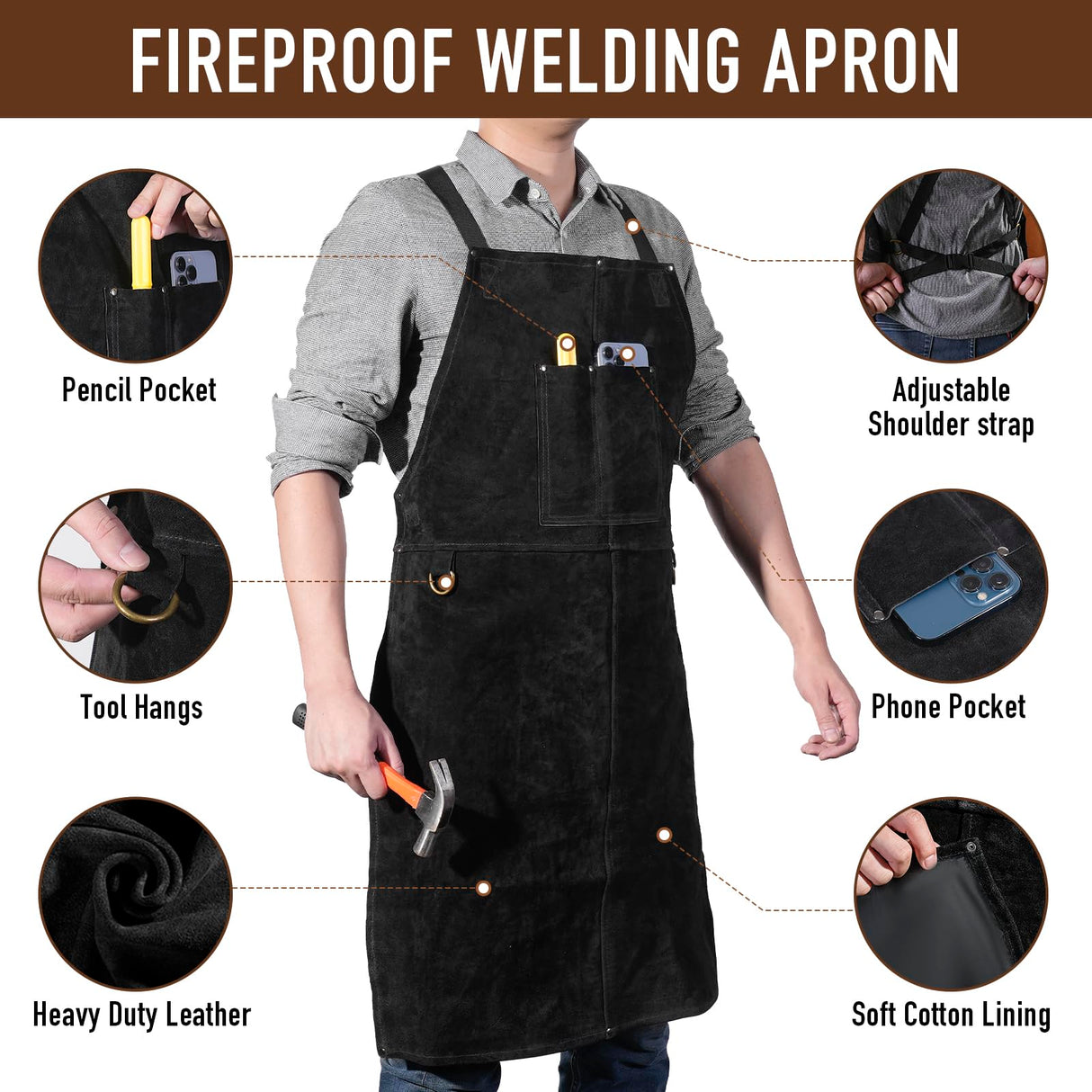 Leather Welding Apron - Heat & Flame Resistant Blacksmith Apron for Forging, BBQ, Grilling (36" Length, Black) LeaSeek