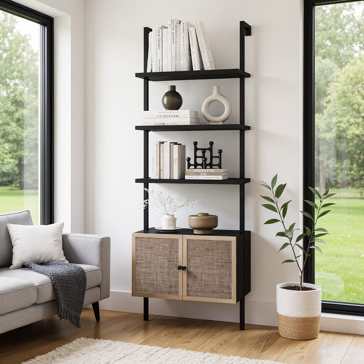 SOLACE FURNITURE Rattan Bookcase, 6 Tier Ladder Bookshelf with Rattan Cabinet, Wall Mount Tall Bookshelves and Bookcases with Metal Storage Shelves Display for Living Room Bedroom Home Office, Black SOLACE FURNITURE