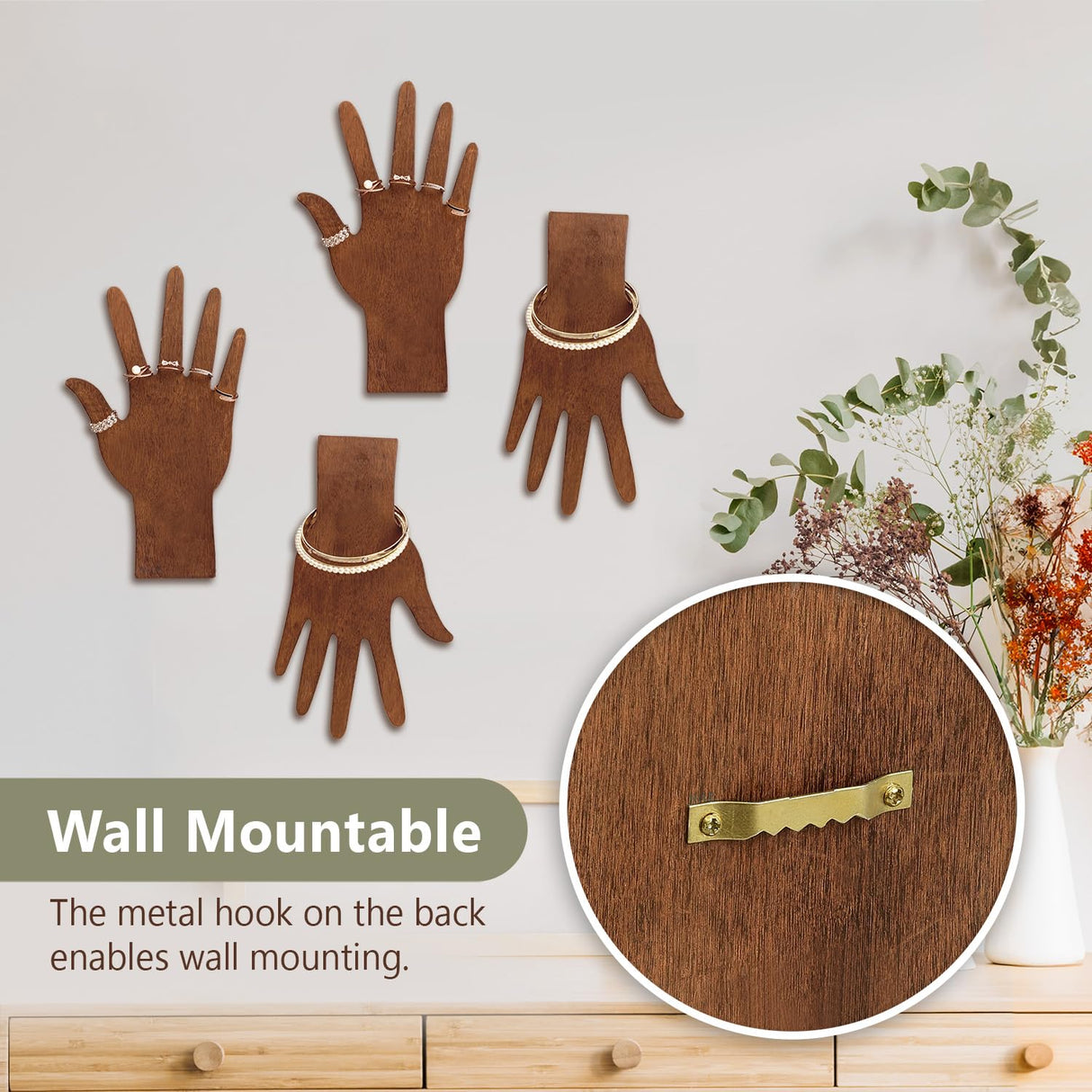 MOOCA 6 Pcs Set Real Wooden Hand Form Jewelry Display, 2-Way Design for Wall Hanging or Standalone Mannequin Finger Hand Display, Premium Real Wood Sturdy Base, Brown Color MOOCA