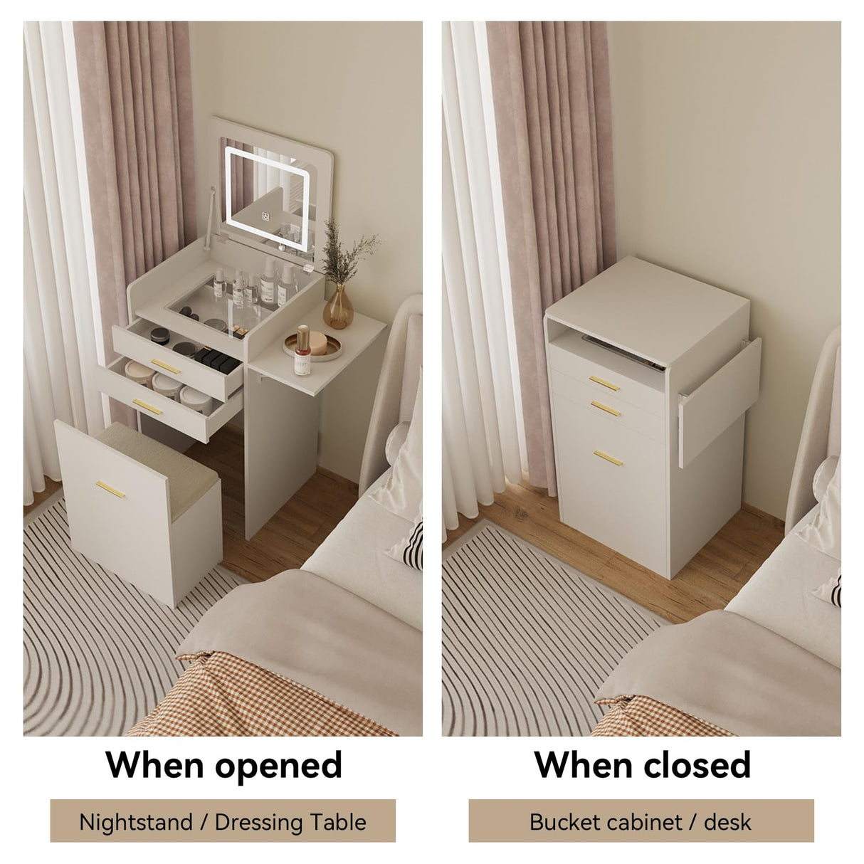 ARTETHYS Small Vanity Desk Set with Flip-top Mirror and Lights White Integrated Makeup Table for Small Space Compact Mini Dressing Table with Fold-up Panel and Storage Chair for Bedroom ARTETHYS