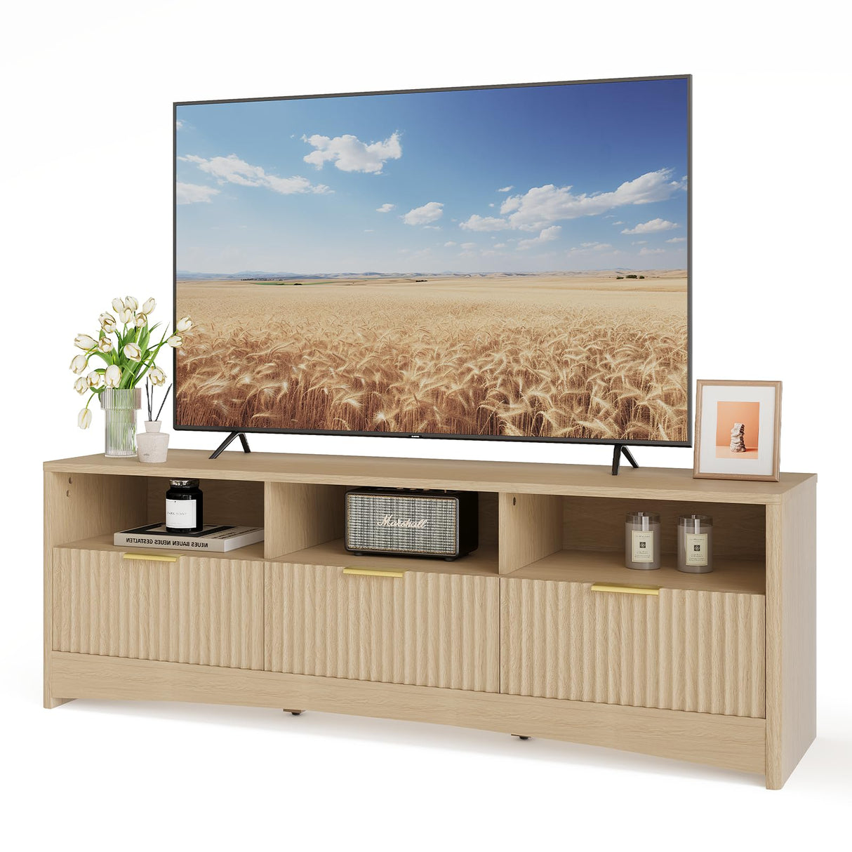 Amada TV Stand for 50-65" TV, Fluted Modern TV Stand Entertainment Center with Drawers and Open Shelf, Waveform Panel, Sleek Curved Profile Media TV Console Table for Living Room, Bedroom, Nature Oak AMADA HOMEFURNISHING