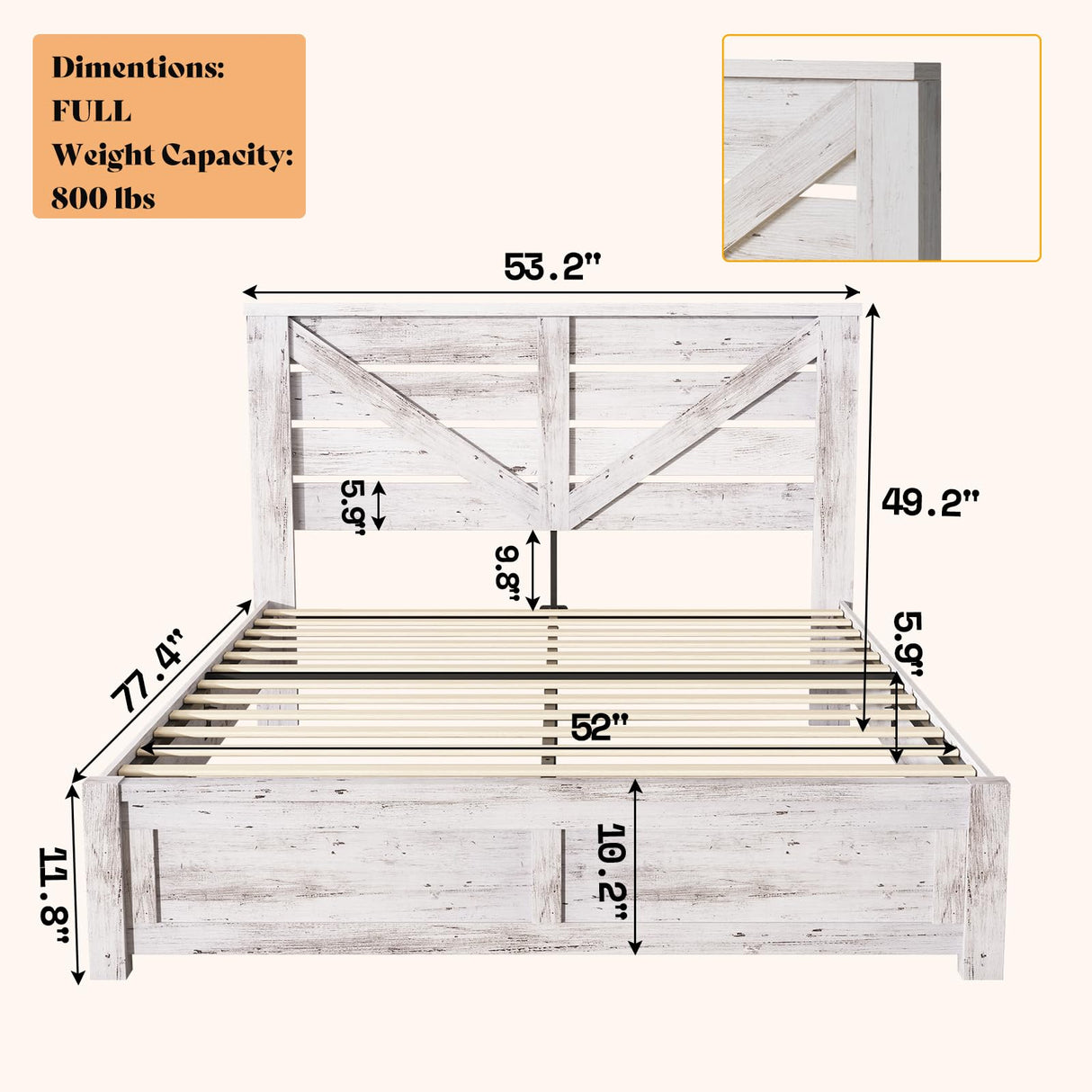 AMERLIFE Full Size Farmhouse Bed Frame with 49.2" Barn Door Headboard, Platform Bed Frame with Wood Slats, Under Bed Storage Space, Easy Assembly, Noisy Free, Distressed White AMERLIFE