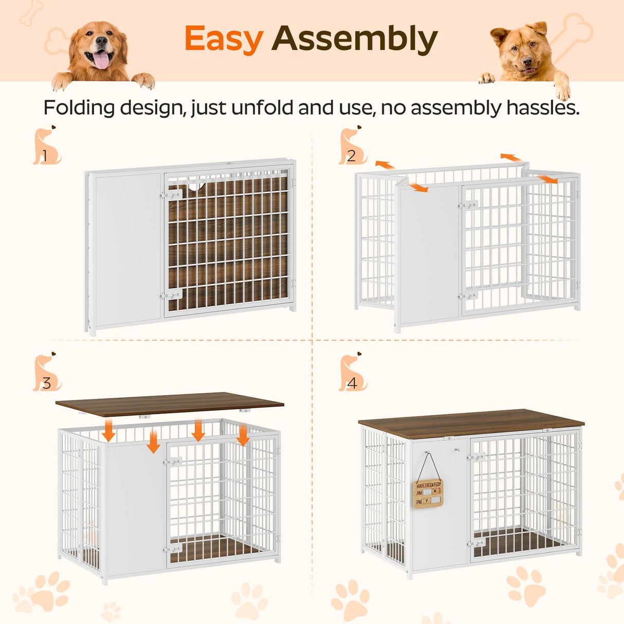 YATINEY Foldable Dog Crate Furniture, Dog Crate with DIY Frame, Heavy Duty Dog Kennel Indoor with Hooks, Wooden Dog Cage End Table, for Small/Medium Dogs, White and Walnut DC95WH YATINEY