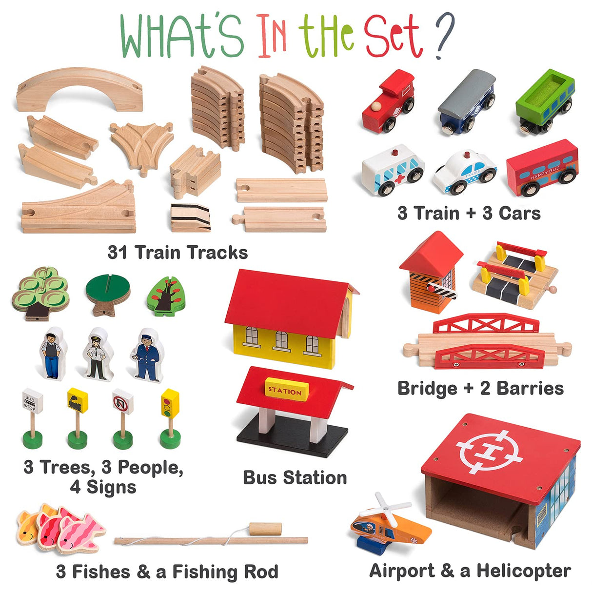 KipiPol Train Set - 69 Pieces Wooden Train Tracks & Trains for Kids, Toddler Boys and Girls 3,4,5 Years Old and Up– Premium Wood Construction Toys -Fits Thomas, Brio, IKEA, Melissa and Doug Kipipol