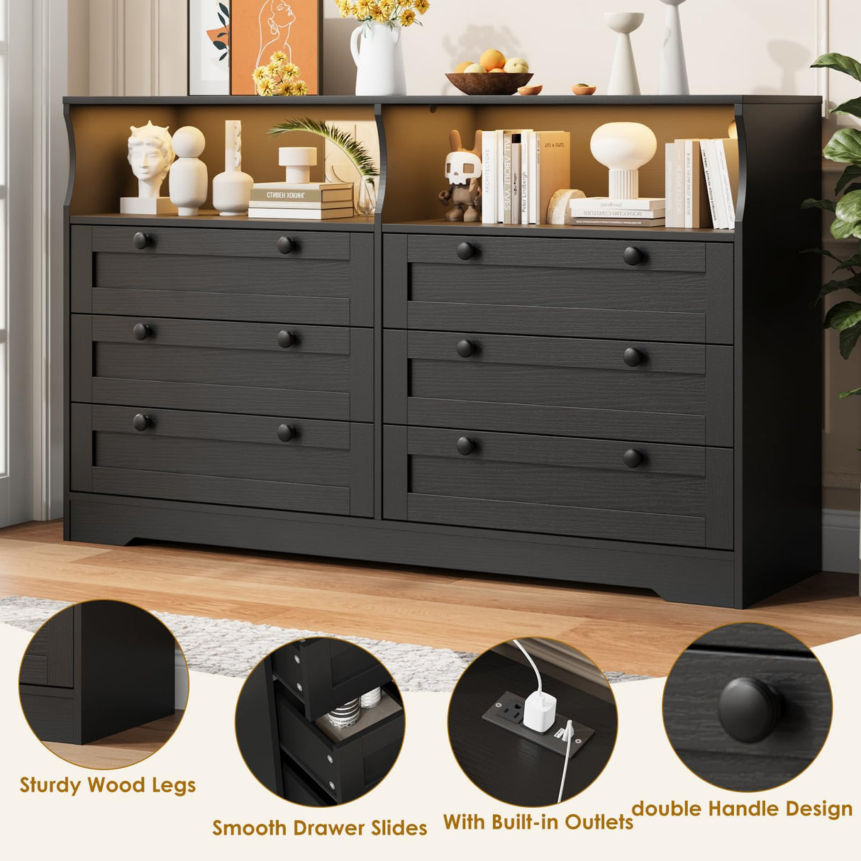 Large Black Wood Dresser, 55" Wide 6 Drawer Dresser with LED Light & Built-in Storage, Ideal for Bedroom, Living Room, Closet, Wide Dressers for Bedroom HarmoHaby