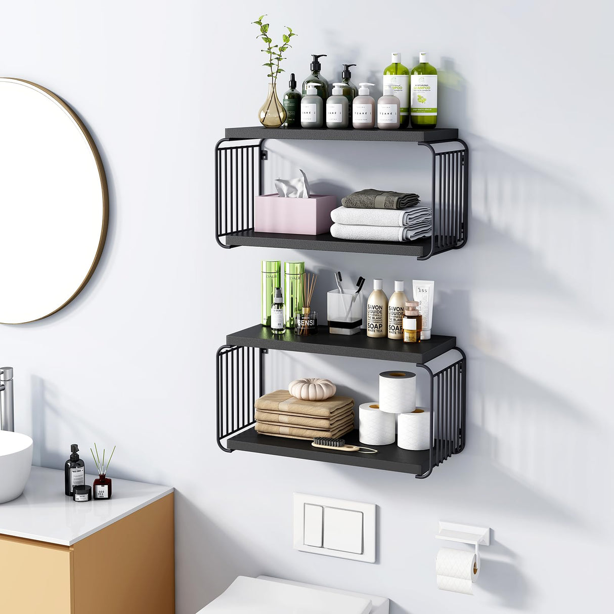 MXCSE Floating Nightstand Shelves, Modern Night Stand for Bedroom, Wood Floating Shelf for Wall, Nightstand Bedside Table, Mid Century Wall Shelves for Living Room, Bedroom (2, Black) MXCSE