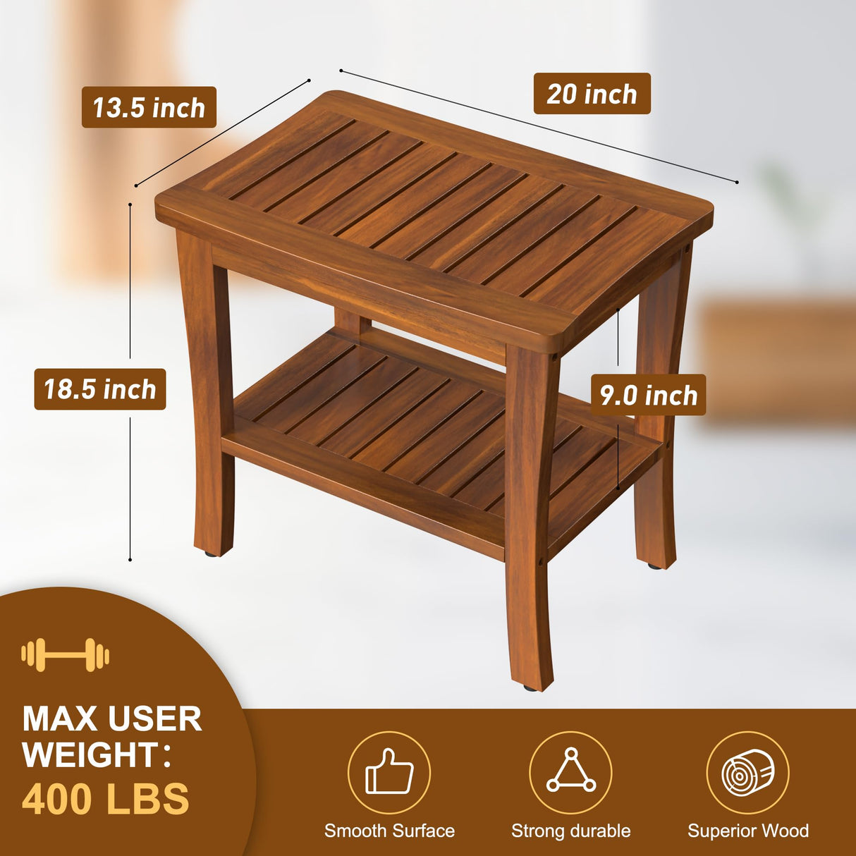 Large Teak Wood Shower Bench Stool with Storage Shelf Wooden Teak Bench for Shower Seat Chair for Inside Shower Waterproof Teakwood Shower Bench Bathroom Spa Bathing Shower Stool with Non-Slip Feet Greenual