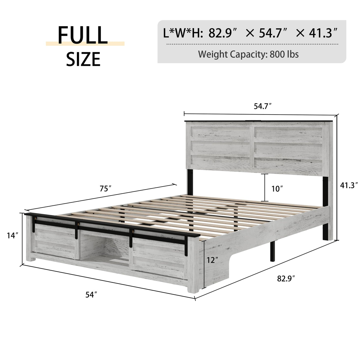 SAMTRA Wooden Full Size Bed Frame with Headboard, Boho White Farmhouse Storage Bedframe with Sliding Barn Door Footboard and Charging Station, Solid Wood Slats, No Box Spring Needed SAMTRA