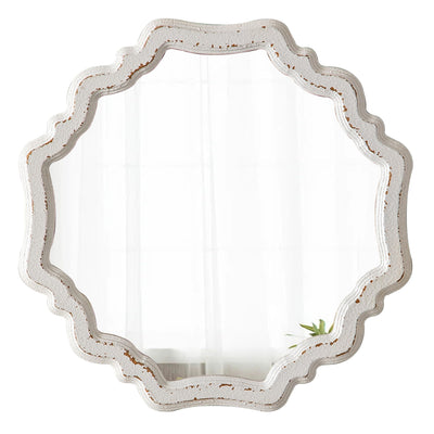 Sintosin Rustic Scalloped White Round Mirrors for Wall Decor Living Room 15.7 Inch, Hanging Vintage Wooden Circle Vanity Mirror for Bathroom, Handmade Distressed Farmhouse Wavy Entryway Mirror