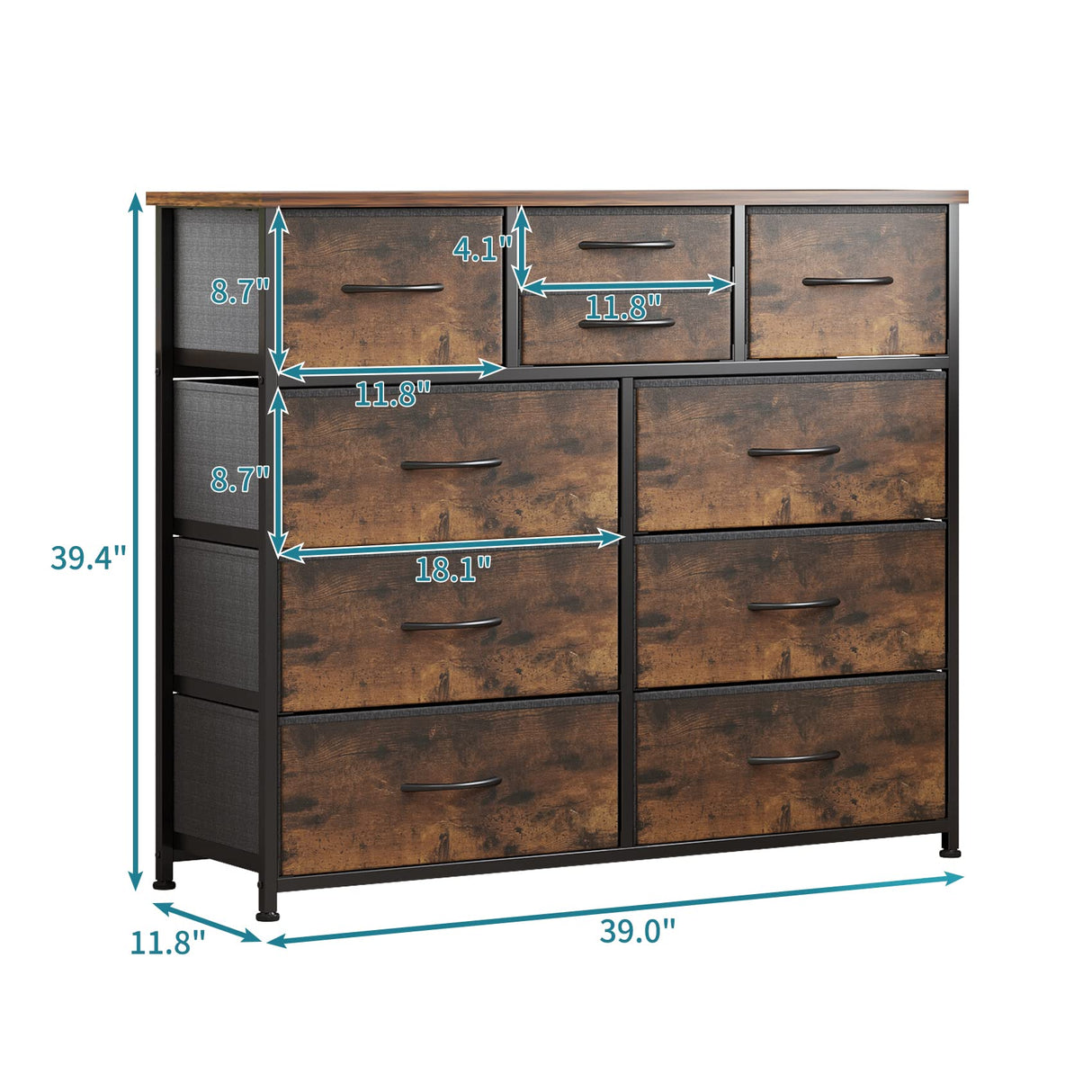 LUMTOK 10-Drawer Dresser, Fabric Storage Dressers for Bedroom, Hallway, Nursery, Closets, Steel Frame, Wood Top, Easy Pull Handle (Rustic Brown) LUMTOK