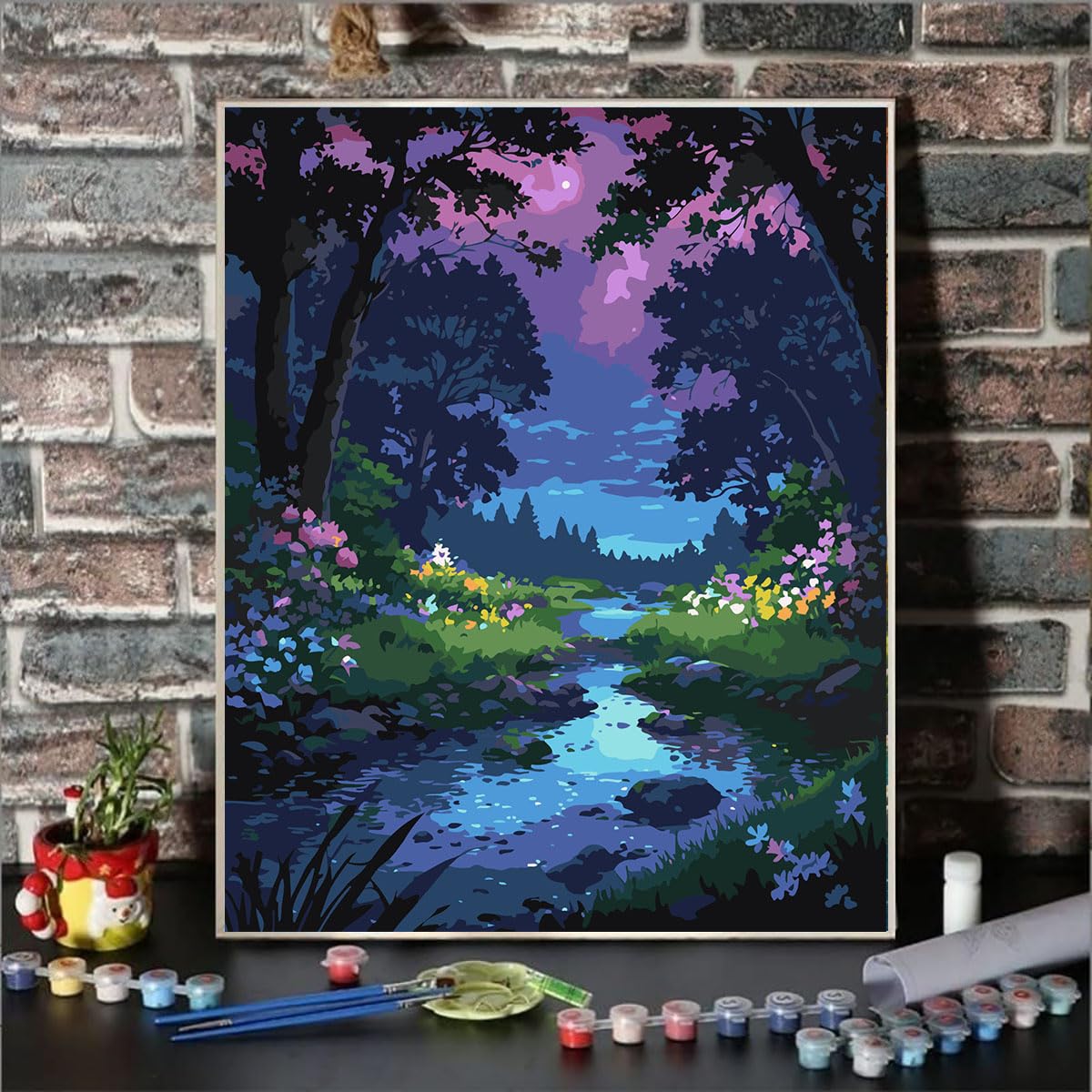 Lovepefe Forest Rivulet Paint by Numbers Kit for Adults, Paint by Number Kits for Beginner Acrylic On Canvas Forest Night Oil Painting Kit Adults Kits for Gift Home Wall Decor 16x20 Inch Lovepefe