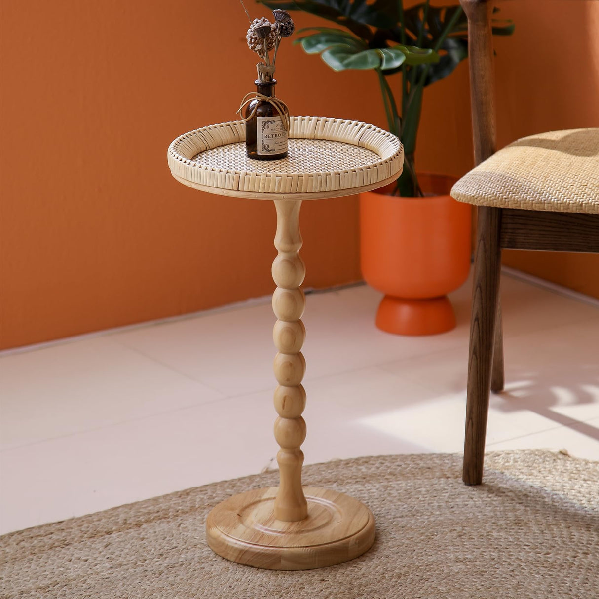 HuiDao Drink Table,Rattan Round Small Side Table for Small Spaces, Boho Circle End Table Coffee Table with Solid Wood Leg for Living Room, Pedestal Table for Bedroom, Corners HuiDao