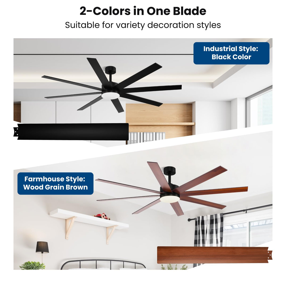 Modern 72 Inch Ceiling Fans with Lights and Remote, Dual Color 8 Blades, Bedroom Living Room Office Library Cafe Outdoor Industrial, 3CCT Dimmable, 6 Speed Reversible Quiet DC Motor, Black/Wood Grain Conciseer