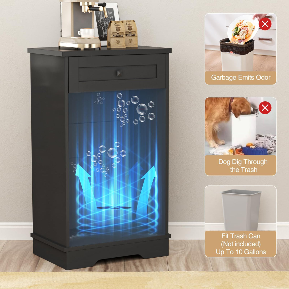 Tilt Out Trash Cabinet, Farmhouse Trash Can Cabinet w/Negative ion, Dog Proof 10 Gallon Garbage Can Cabinet for Kitchen, Bathroom, Living Room, Black Halitaa