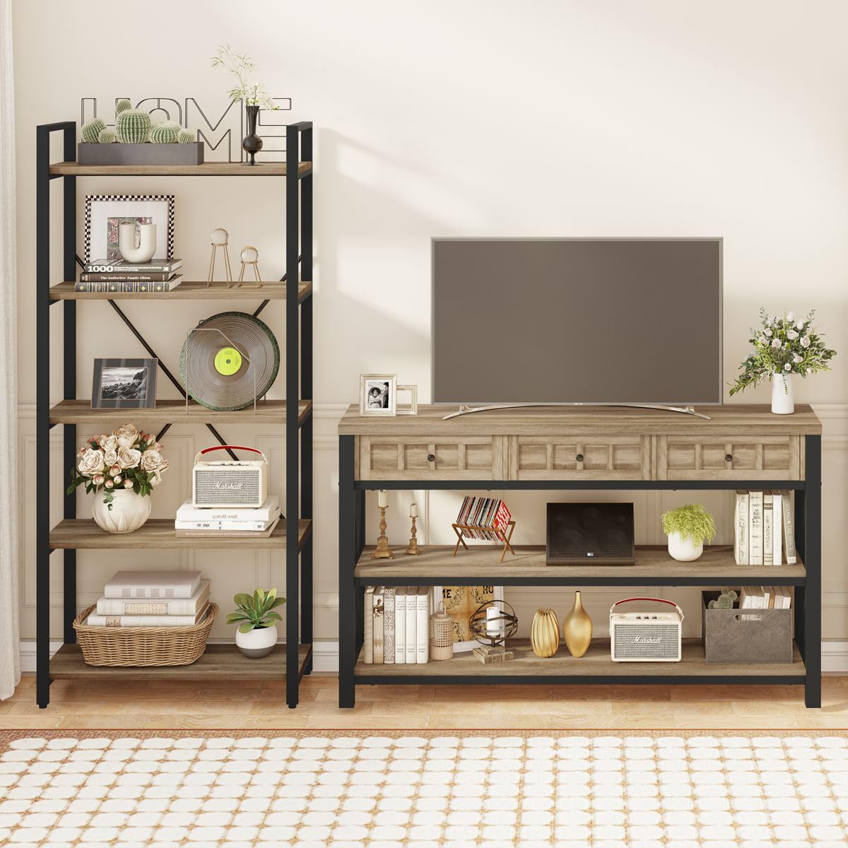 FATORRI Rustic Oak Industrial Console Table with 3 Drawers and Ample Storage FATORRI