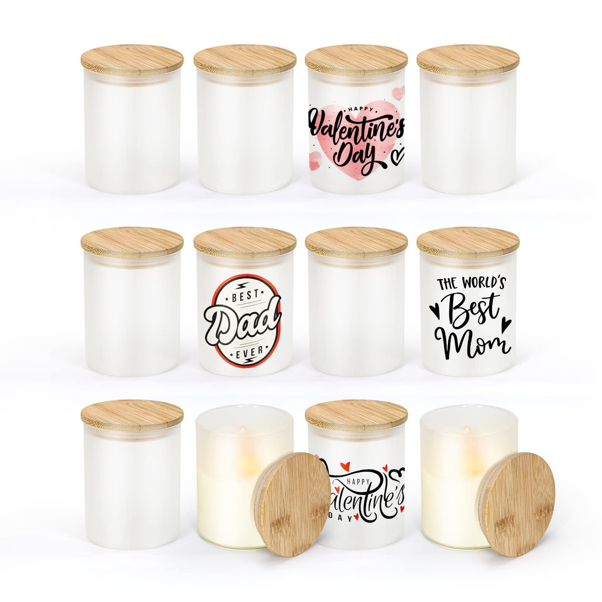 sweet grain 10oz Sublimation Glass Tealight Candle Holder with Bamboo Lids 12 Pcs Sublimation Frosted Glass Jar for Party Decorations, Birthday, Wedding and Dinner Table Decor sweet grain