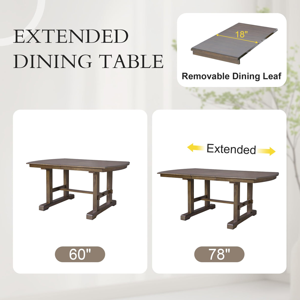 6-Piece Dining Table Set, 60inch to 78inch Extendable Wood Dining Table with Removable Leaf, Kitchen Table Set with 4 Upholstered Side Chair and Bench, Dining Table Set for 6 (Brown) THINK 30