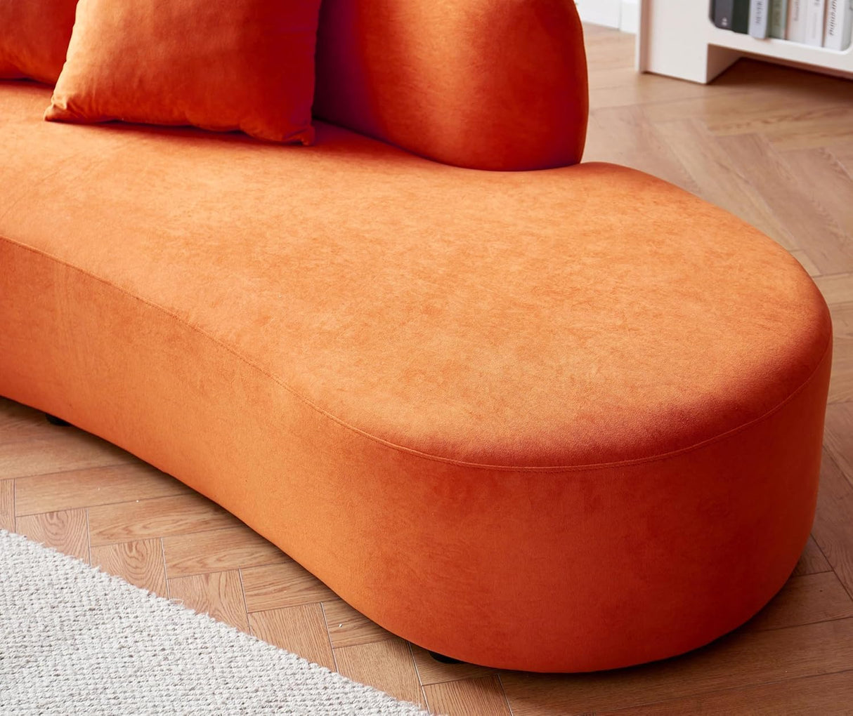 Container Furniture Direct 90" Curved Sofa with Throw Pillows, 4 Seater Luxury Velvet Couch with Half Moon Design and High-Density Foam, Ideal for Modern Living Room, Office & Apartment, Red Orange Container Furniture Direct