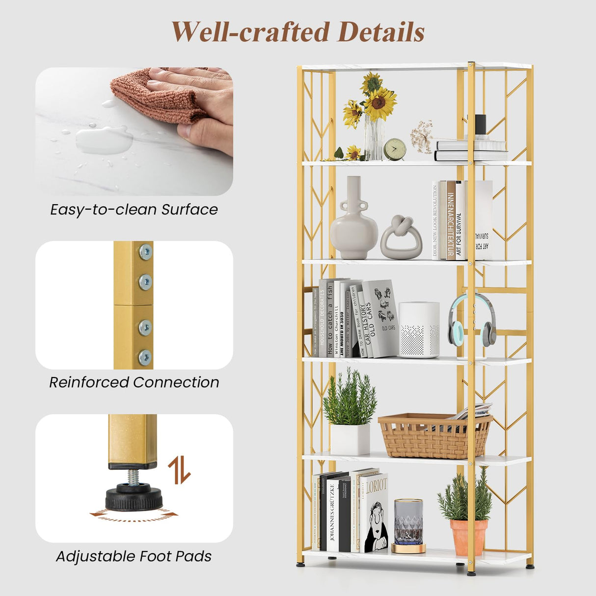 Giantex 6-Tier Bookshelf, Modern Geometric Bookcase with Heavy-Duty Metal Frame, Freestanding Display Rack w/ 2 Anti-Tipping Kits, Storage Shelf for Living Room, Bedroom, Study (1,Gold+White) Giantex