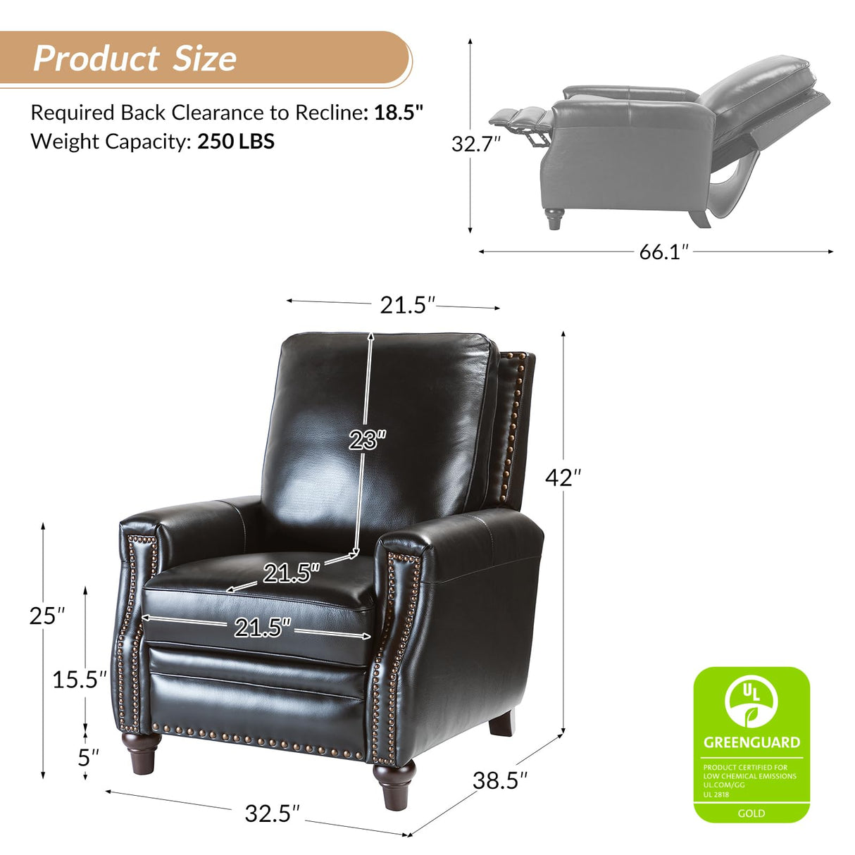 HULALA HOME Genuine Leather Recliner Chair, Classic Push Back Recliner Armchair with Thick Seat and Backrest (Black) HULALA HOME