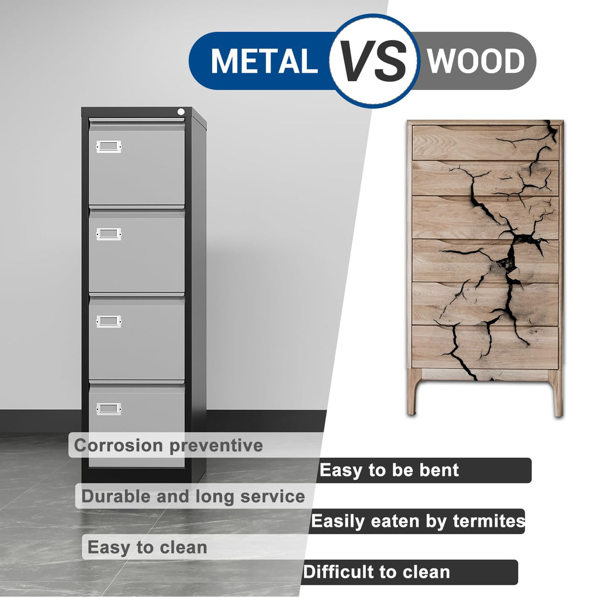 Fesbos File Cabinets - 4 Drawers Vertical 17.8" Deep Lockable Filing Cabinet - Black & Gray Metal Storage Cabinets for Home Office to Hanging Files Letter/Legal/F4/A4 Size Fesbos