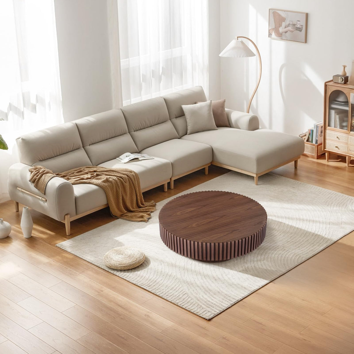 31.49" Walnut Coffee Table Round Wood, Modern Unique Fluted Coffee Table, Contemporary Drum Circle Coffee Table Accent Tea Table Center Table for Living Room, Small Space, Apartment SLEERWAY