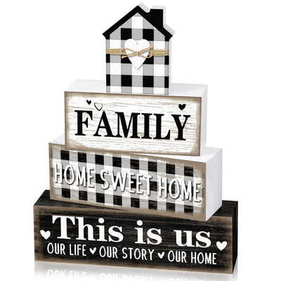 Cinnvoice Farmhouse Wooden Tabletop Decor Home Tiered Tray Decor Rustic Retro Family Home Sweet Home This Is Us Wood Sign Neutral Decorations for Coffee Shelf Desk Centerpiece Decoration