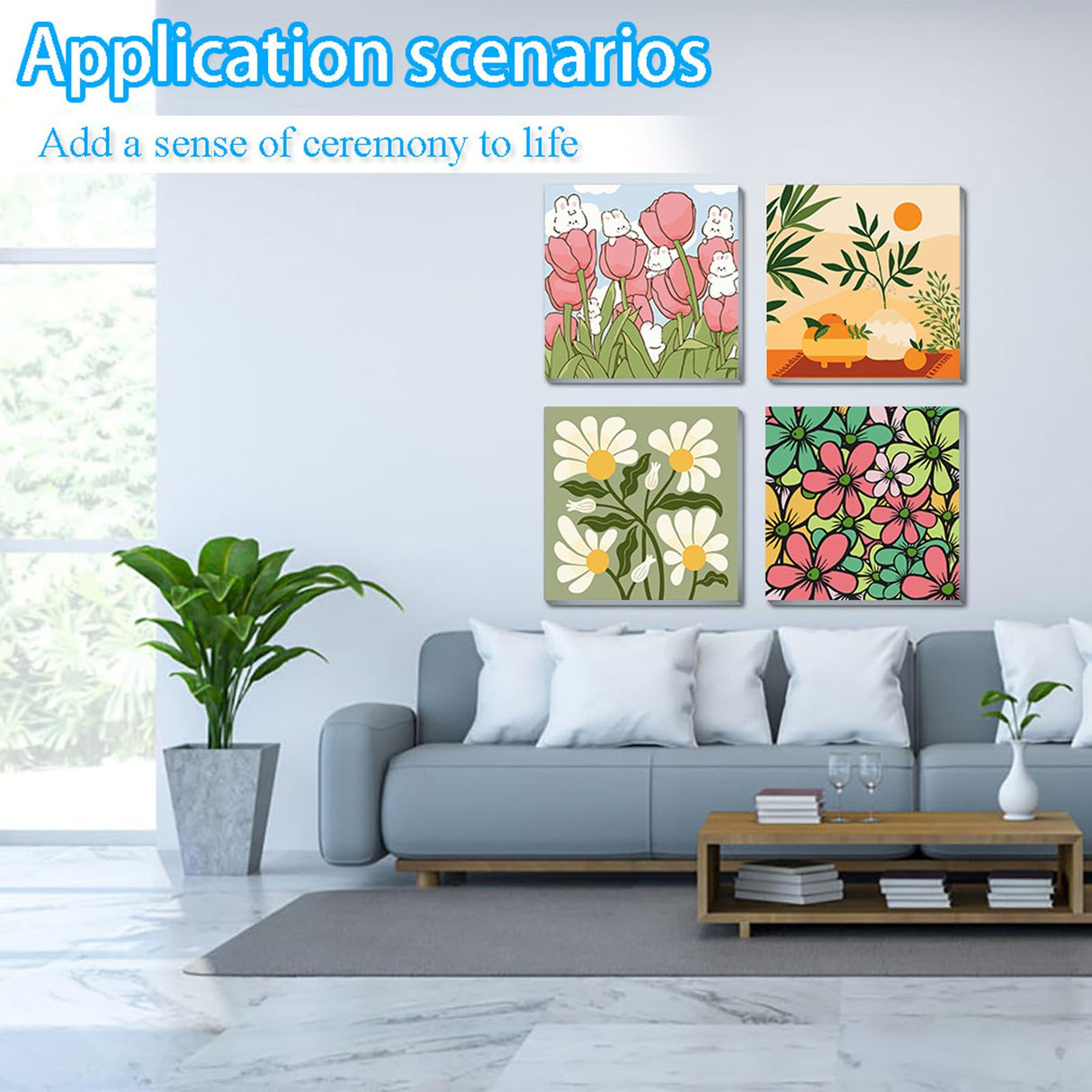 UMOART Framed Paint by Numbers for Kids - 4Pack Flowers Paint by Numbers for Kids Ages 4-8-12, Paint by Number Kits on Canvas, DIY Landscape Oil Painting Acrylic Kits for Home Decor 8x8in UMOART