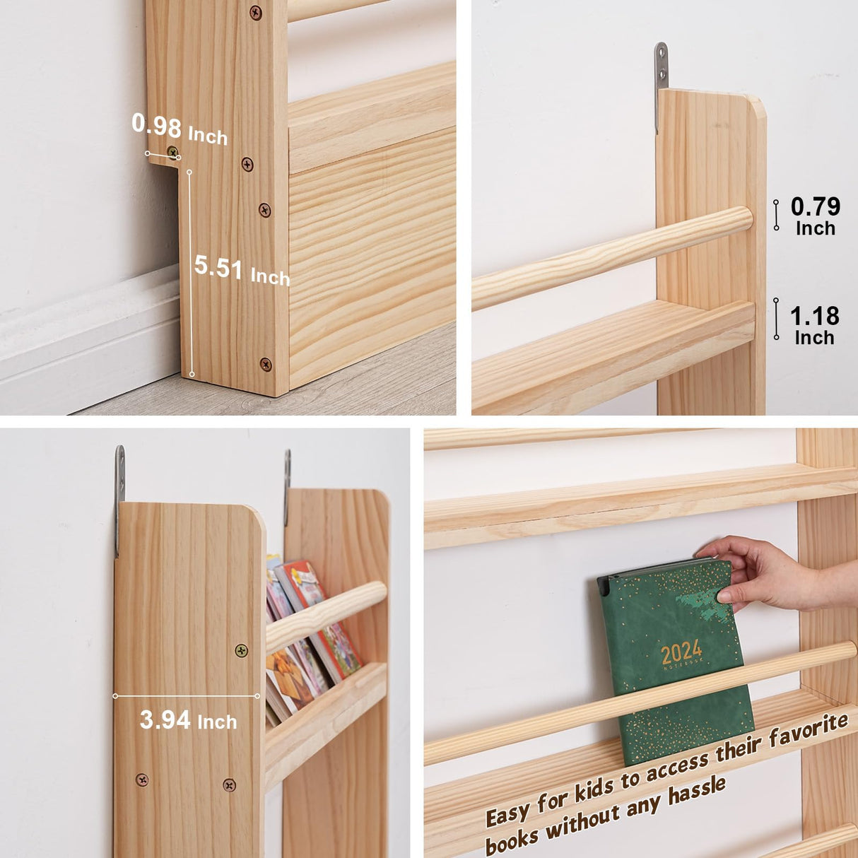 SweetBin Kids Bookshelf 4-Tier - Space-Saving Behind The Door Storage Shelf - Pine Wood Thin Bookshelf 4 Shelves Wall Mounted - Suitable for Children's Books in Bedroom, Living Room and Nursery SweetBin