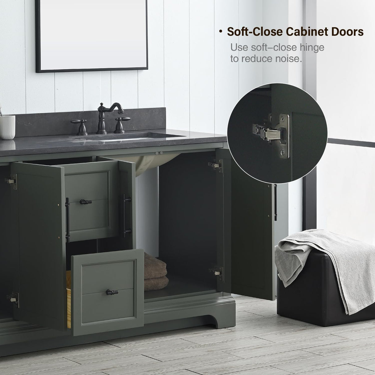 Vanity Art 72 Inch Double Sink Bathroom Vanity with Ceramic Sink and Stone Top | Undermount Rectangular Cabinet with Soft Closing Doors, Dovetailed Drawers, No Mirror VA5072-DVG Vanity Art