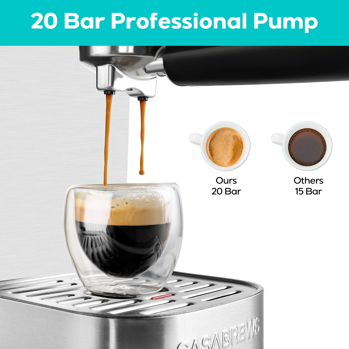 CASABREWS Espresso Machine 20 Bar, Stainless Steel Cappuccino & Latte Machine with Steam Frother for Home, 49oz Water Tank, Silver CASABREWS