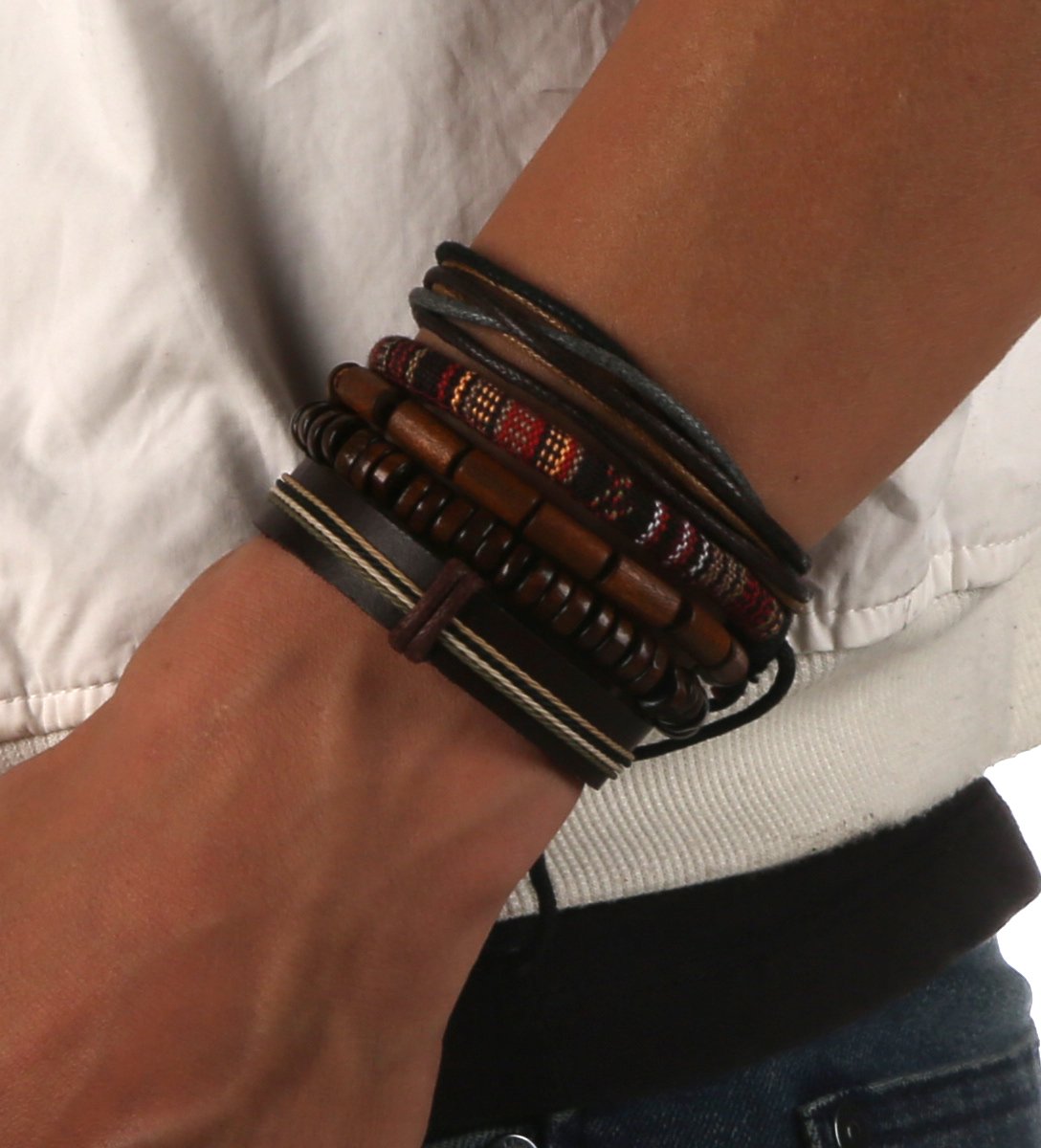 HZMAN Mix 5 Wrap Bracelets Men Women, Hemp Cords Wood Beads Ethnic Tribal Bracelets, Leather Wristbands HZMAN