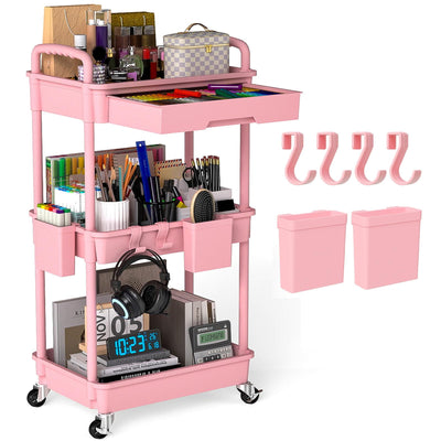 LLMRR 3 Tier Rolling Utility Cart with Drawer, Plastic Storage Organizer Rolling Carts with Wheels Handles Hanging Cups Hooks for Office, Bathroom, Kitchen,Craft Art Room (Pink)