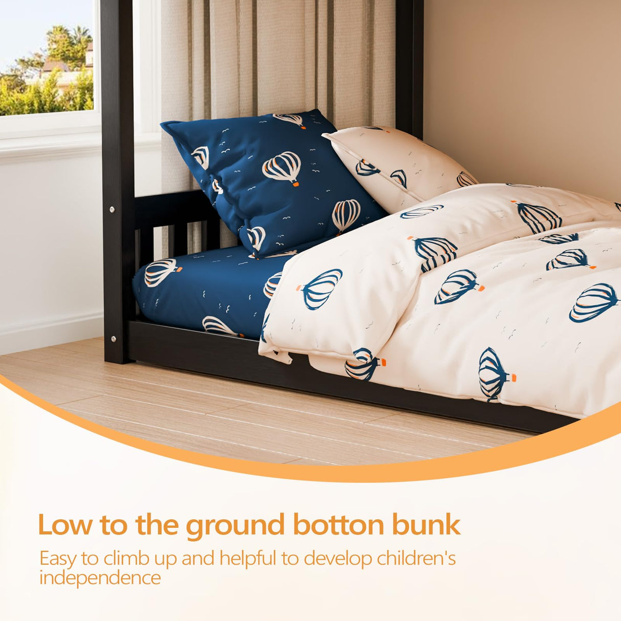 JOYMOR Solid Wood Low Twin Over Twin Bunk Bed for Kids/Junior, Bunk Bed Frame with Guardrails & Ladder for Boys Girls, No Box Spring Needed (Black) JOYMOR