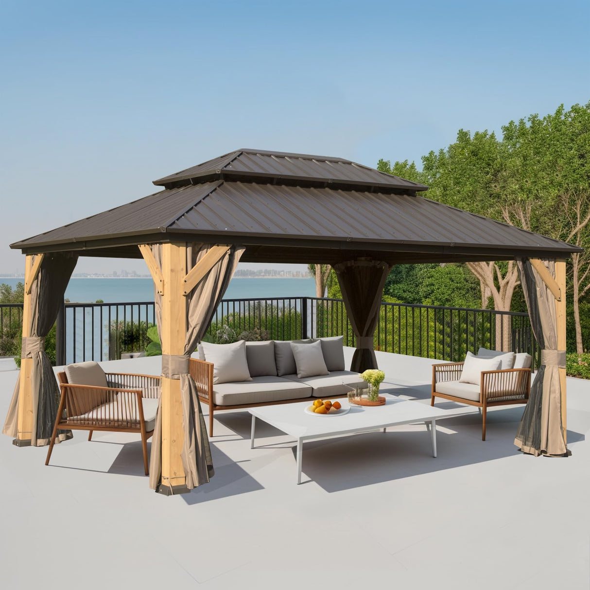 Domi 10'x14' Cedar Wood Gazebo with Double Roof Steel Hardtop,Solid Wood Frame Gazebo,Curtains and Netting Included for Garden, Backyard domi outdoor living